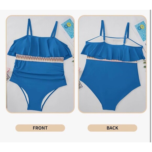 Womens Plus Size One Piece Swimsuit Ruffle Trim Tummy Control blue size 3X - Picture 5 of 16